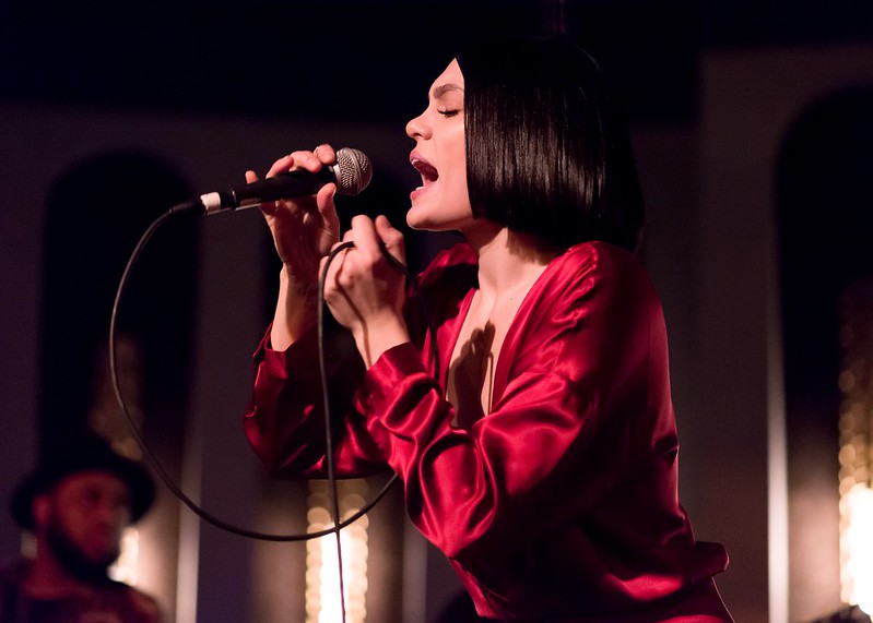 Jessie J wearing a red dress